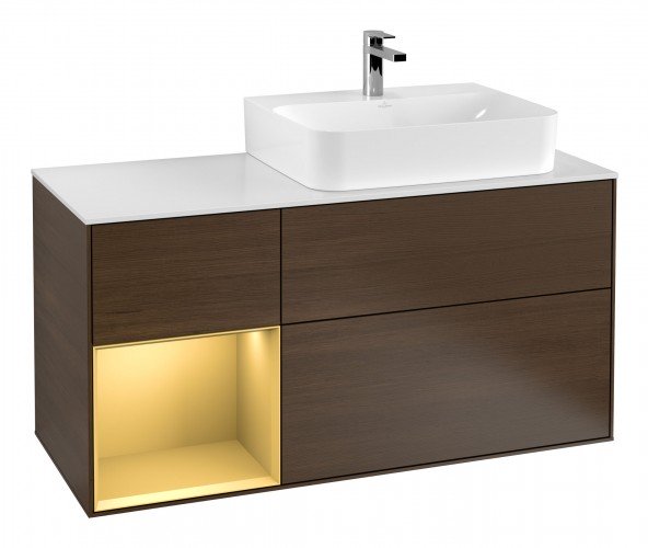 Тумба под раковину Villeroy & Boch Finion 120х50,1 см с подсветкой МДФ шпон грецкого ореха/стекло белое матовое F141HFGN