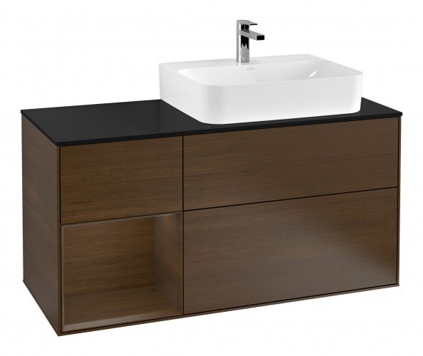 Тумба під раковину Villeroy & Boch Finion 120х50,1 см із підсвічуванням МДФ шпон волоського горіха/скло чорне матове F142GNGN