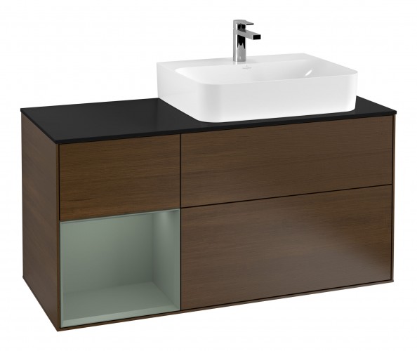 Тумба під раковину Villeroy & Boch Finion 120х50,1 см із підсвічуванням МДФ шпон волоського горіха/скло чорне матове F142GMGN