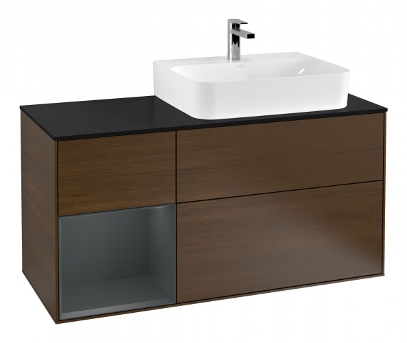 Тумба під раковину Villeroy & Boch Finion 120х50,1 см із підсвічуванням МДФ шпон волоського горіха/скло чорне матове F142HGGN