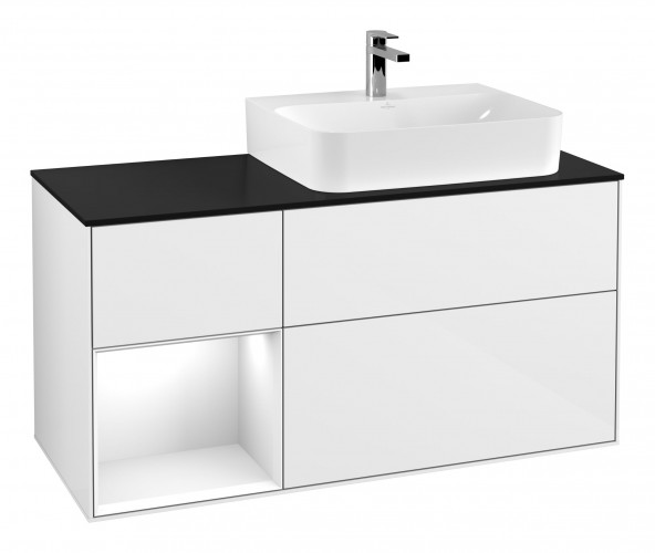 Тумба под раковину Villeroy & Boch Finion 120х50,1 см с подсветкой МДФ глянцевый белый лак/стекло черное матовое G142GFGF