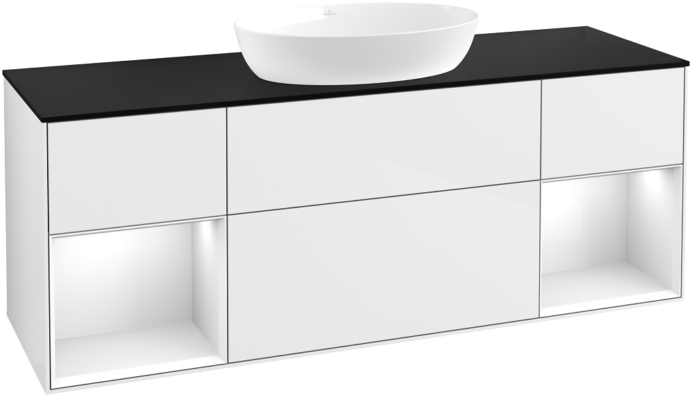 Тумба под раковину Villeroy & Boch Finion 160х50,1 см с подсветкой МДФ глянцевый белый лак/стекло черное матовое GD02GFGF