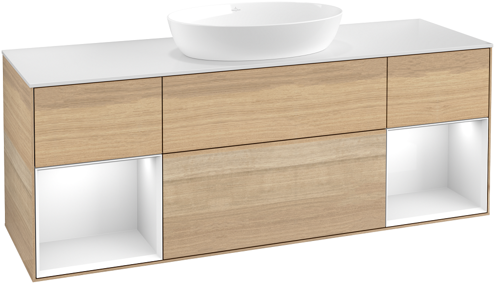 Тумба под раковину Villeroy & Boch Finion 160х50,1 см с подсветкой МДФ шпон дуба/стекло белое матовое GD01GFPC