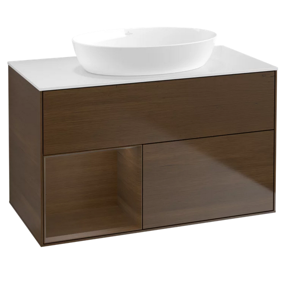 Тумба под раковину Villeroy & Boch Finion 100х50,1 см с подсветкой МДФ шпон грецкого ореха/стекло белое матовое GA11GNGN