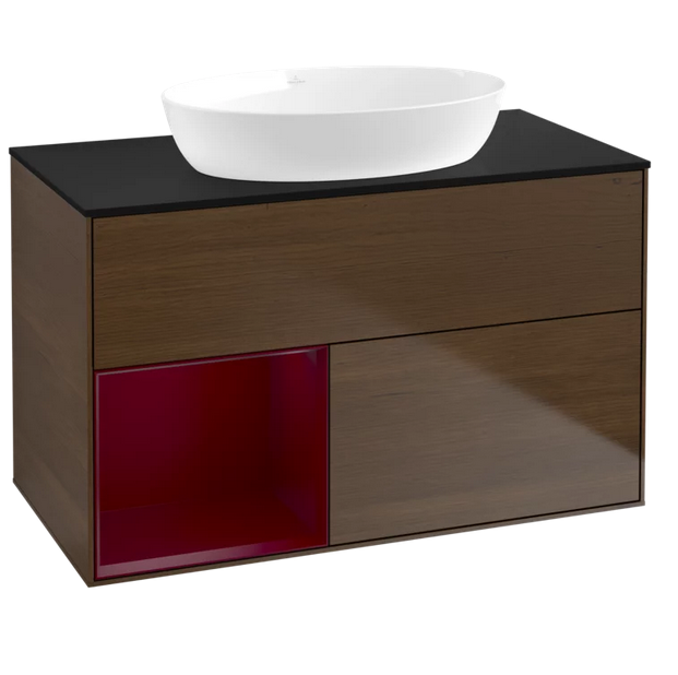 Тумба под раковину Villeroy & Boch Finion 100х50,1 см с подсветкой МДФ шпон грецкого ореха/стекло черное матовое GA12HBGN