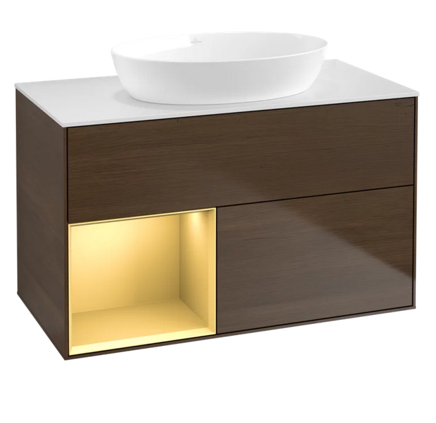 Тумба под раковину Villeroy & Boch Finion 100х50,1 см с подсветкой МДФ шпон грецкого ореха/стекло белое матовое GA11HFGN