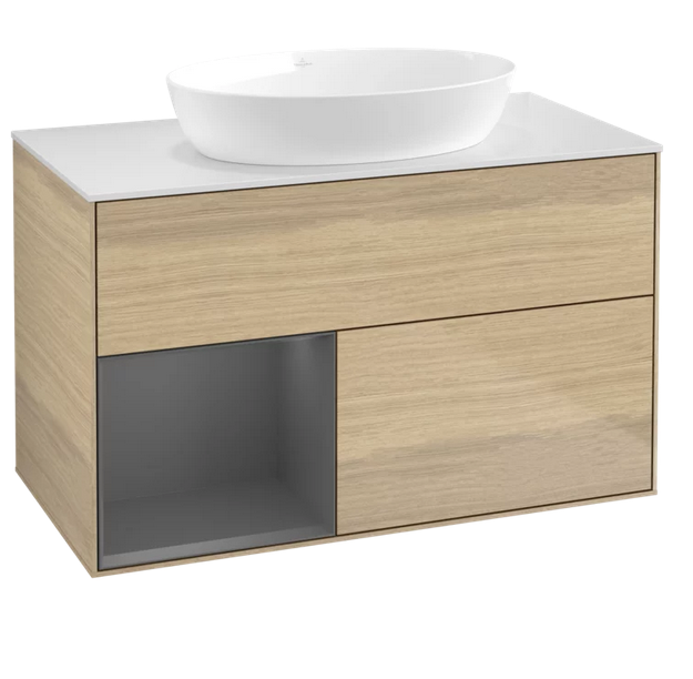 Тумба под раковину Villeroy & Boch Finion 100х50,1 см с подсветкой МДФ шпон дуба/стекло белое матовое GA11GKPC