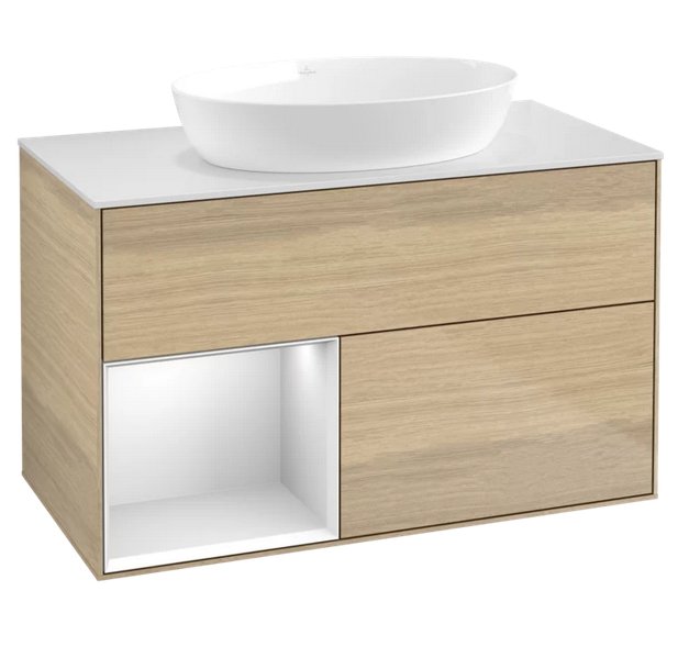 Тумба под раковину Villeroy & Boch Finion 100х50,1 см с подсветкой МДФ шпон дуба/стекло белое матовое GA11MTPC