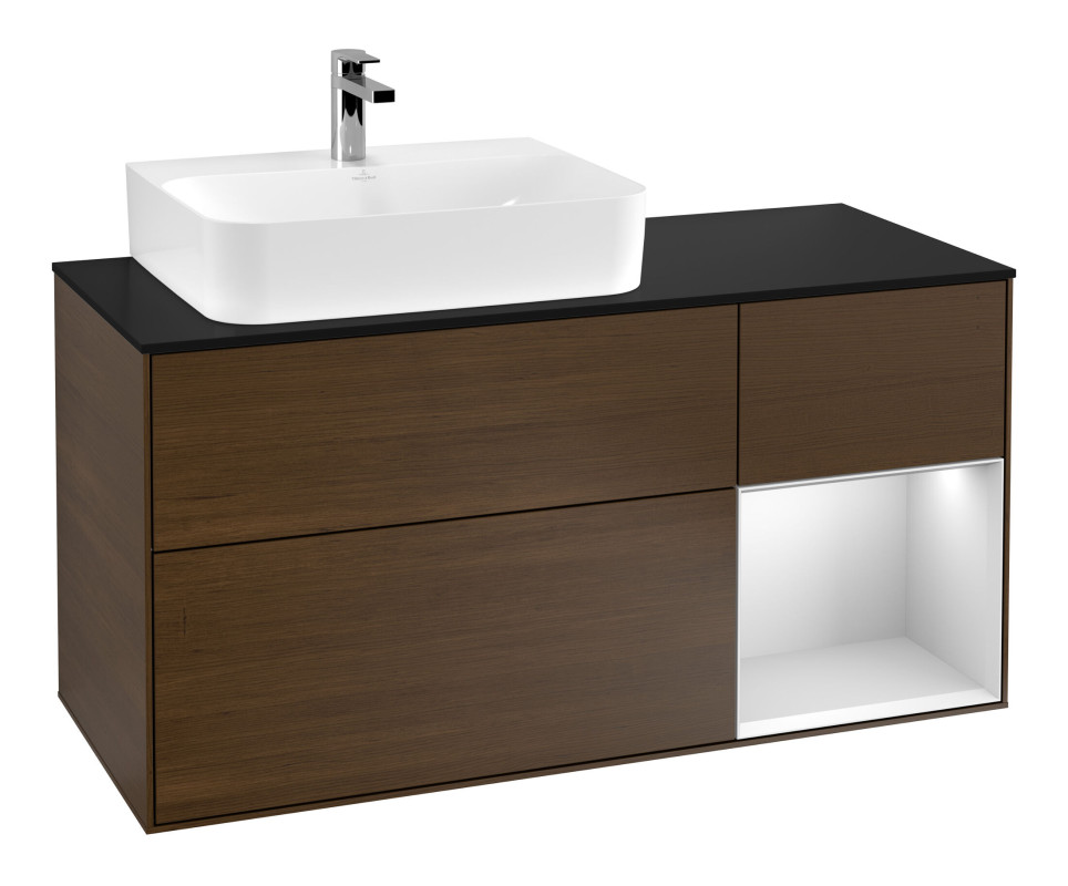 Тумба під раковину Villeroy & Boch Finion 120х50,1 см із підсвічуванням МДФ шпон волоського горіха/скло чорне матове F152MTGN