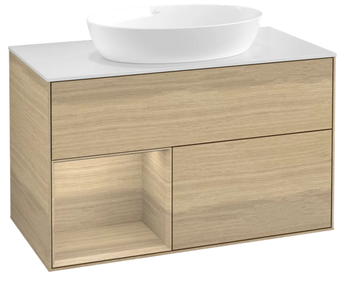 Тумба под раковину Villeroy & Boch Finion 100х50,1 см с подсветкой МДФ шпон дуба/стекло белое матовое GA11PCPC