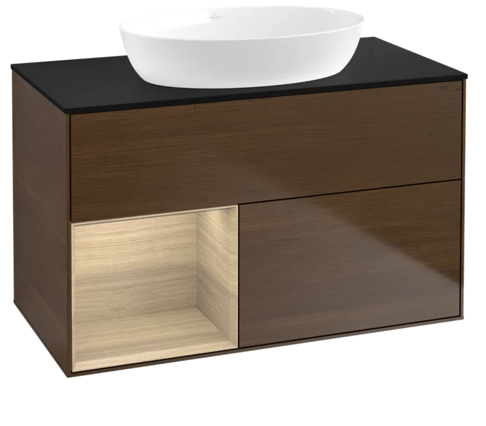 Тумба под раковину Villeroy & Boch Finion 100х50,1 см с подсветкой МДФ шпон грецкого ореха/стекло черное матовое GA12PCGN