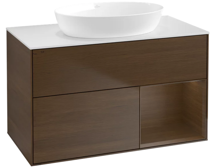 Тумба под раковину Villeroy & Boch Finion 100х50,1 см с подсветкой МДФ шпон грецкого ореха/стекло белое матовое FA21GNGN