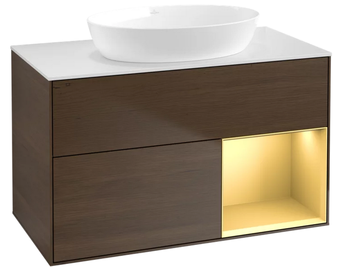 Тумба под раковину Villeroy & Boch Finion 100х50,1 см с подсветкой МДФ шпон грецкого ореха/стекло белое матовое FA21HFGN