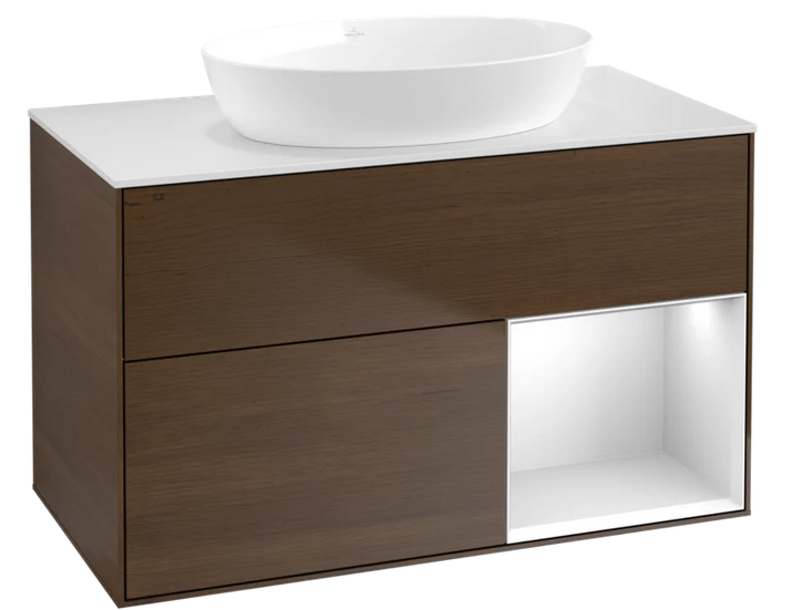 Тумба под раковину Villeroy & Boch Finion 100х50,1 см с подсветкой МДФ шпон грецкого ореха/стекло белое матовое FA21MTGN