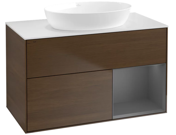 Тумба під раковину Villeroy & Boch Finion 100х50,1 см із підсвічуванням МДФ шпон волоського горіха/скло біле матове FA21GKGN