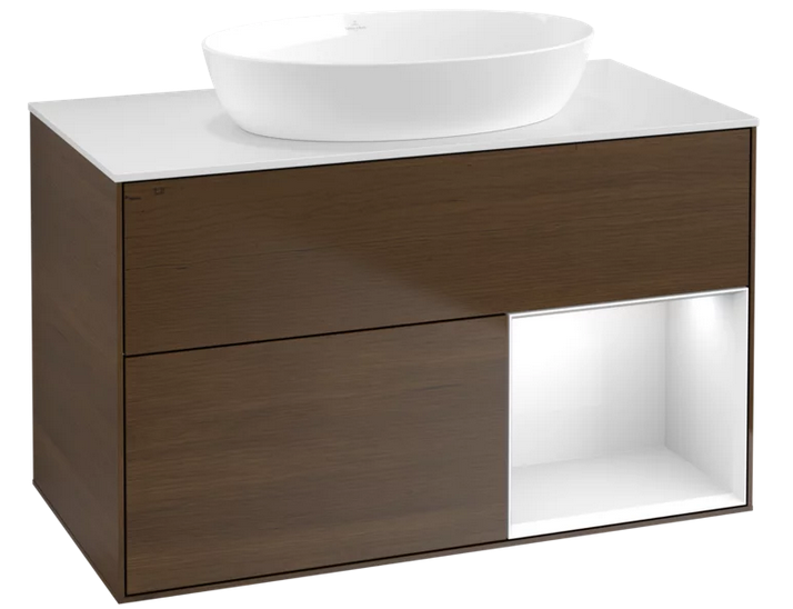 Тумба під раковину Villeroy & Boch Finion 100х50,1 см із підсвічуванням МДФ шпон волоського горіха/скло біле матове FA21GFGN