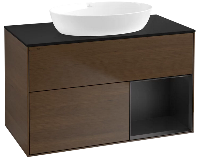 Тумба под раковину Villeroy & Boch Finion 100х50,1 см с подсветкой МДФ шпон грецкого ореха/стекло черное матовое FA22PDGN