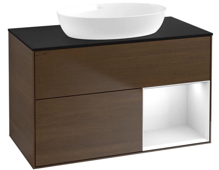 Тумба под раковину Villeroy & Boch Finion 100х50,1 см с подсветкой МДФ шпон грецкого ореха/стекло черное матовое FA22GFGN