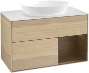 Тумба под раковину Villeroy & Boch Finion 100х50,1 см с подсветкой МДФ шпон дуба/стекло белое матовое FA21GNPC