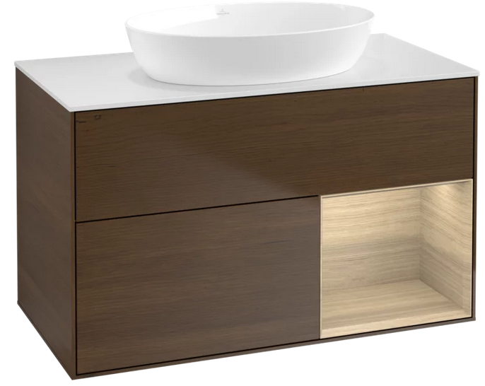 Тумба під раковину Villeroy & Boch Finion 100х50,1 см із підсвічуванням МДФ шпон волоського горіха/скло біле матове FA21PCGN