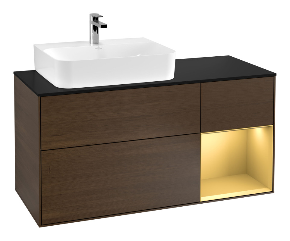 Тумба під раковину Villeroy & Boch Finion 120х50,1 см із підсвічуванням МДФ шпон волоського горіха/скло чорне матове G152HFGN