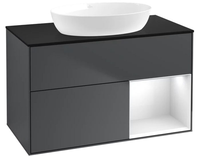 Тумба під раковину Villeroy & Boch Finion 100х50,1 см із підсвічуванням МДФ темно-синій матовий лак/скло чорне матове FA22GFHG