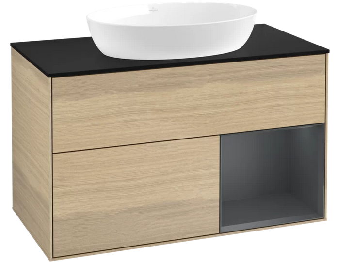 Тумба під раковину Villeroy & Boch Finion 100х50,1 см із підсвічуванням МДФ шпон дуба/скло чорне матове FA22HGPC