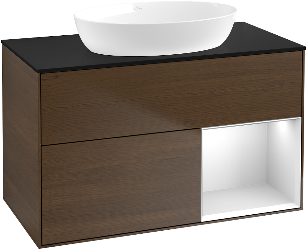 Тумба под раковину Villeroy & Boch Finion 100х50,1 см с подсветкой МДФ шпон грецкого ореха/стекло черное матовое GA22MTGN