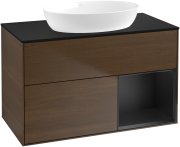 Тумба під раковину Villeroy & Boch Finion 100х50,1 см з підсвічуванням МДФ шпон волоського горіха/скло чорне матове GA22PDGN