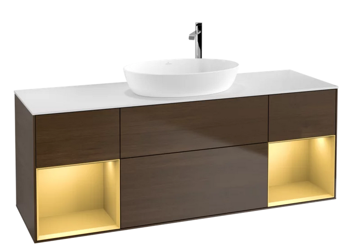 Тумба под раковину Villeroy & Boch Finion 160х50,1 см с подсветкой МДФ шпон грецкого ореха/стекло белое матовое F981HFGN