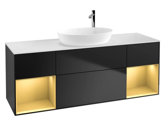 Тумба под раковину Villeroy & Boch Finion 160х50,1 см с подсветкой МДФ черный матовый лак/стекло белое матовое F981HFPD