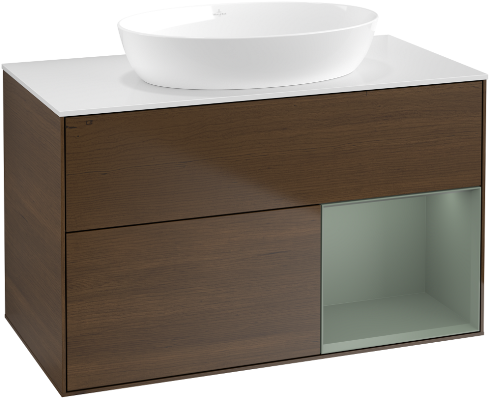 Тумба под раковину Villeroy & Boch Finion 100х50,1 см с подсветкой МДФ шпон грецкого ореха/стекло белое матовое GA21GMGN