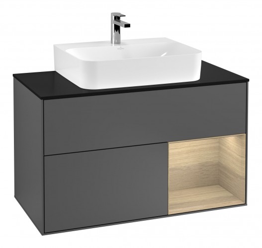 Тумба под раковину Villeroy & Boch Finion 100х50,1 см с подсветкой МДФ антрацитовый матовый лак/шпон дубовый/стекло черное матовое F122PCGK