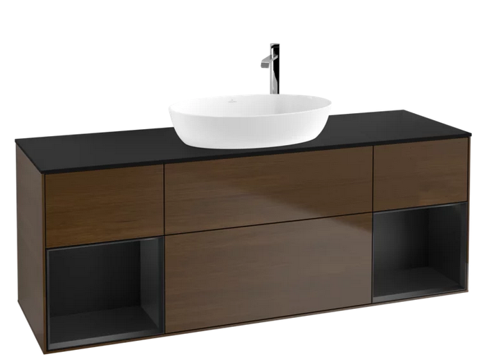 Тумба под раковину Villeroy & Boch Finion 160х50,1 см с подсветкой МДФ шпон грецкого ореха/стекло черное матовое F982PDGN