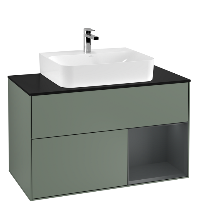 Тумба под раковину Villeroy & Boch Finion 100х50,1 см с подсветкой МДФ оливковый матовый лак/темно-синий матовый лак/стекло черное матовое F122HGGM