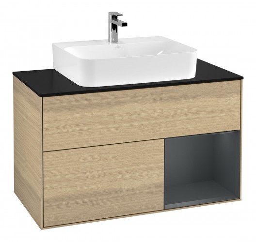 Тумба под раковину Villeroy & Boch Finion 100х50,1 см с подсветкой МДФ шпон дуба/темно-синий матовый лак/стекло черное матовое F122HGPC