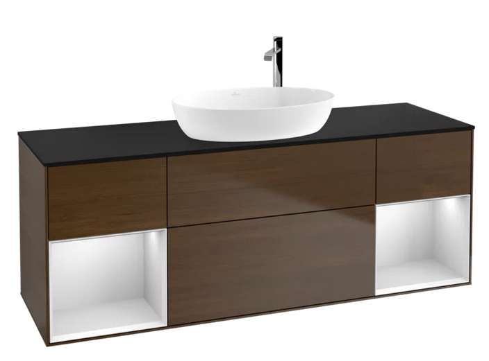 Тумба под раковину Villeroy & Boch Finion 160х50,1 см с подсветкой МДФ шпон грецкого ореха/стекло черное матовое F982MTGN