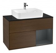 Тумба под раковину Villeroy & Boch Finion 100х50,1 см с подсветкой МДФ шпон грецкого ореха/темно-синий матовый лак/стекло черное матовое F122HGGN