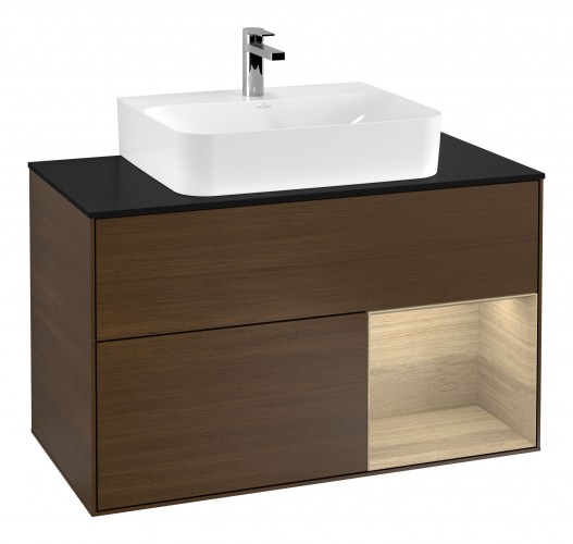 Тумба под раковину Villeroy & Boch Finion 100х50,1 см с подсветкой МДФ шпон грецкого ореха/шпон дуба/стекло черное матовое F122PCGN