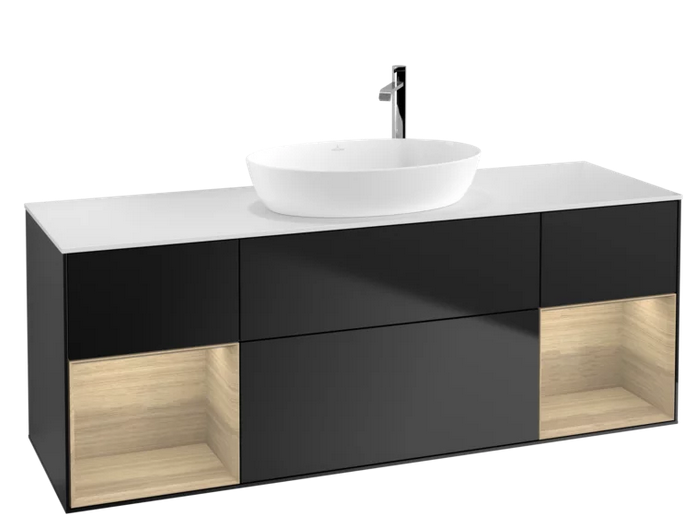 Тумба під раковину Villeroy & Boch Finion 160х50,1 см із підсвічуванням МДФ чорний матовий лак/скло біле матове F981PCPD