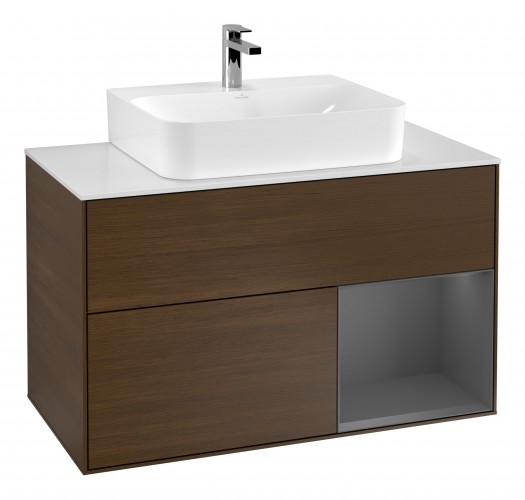 Тумба под раковину Villeroy & Boch Finion 100х50,1 см с подсветкой МДФ шпон грецкого ореха/антрацит матовый лак/стекло белое матовое G121GKGN