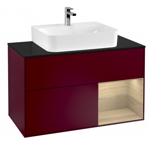 Тумба под раковину Villeroy & Boch Finion 100х50,1 см с подсветкой МДФ пион матовый лак/шпон дубовый/стекло черное матовое F122PCHB