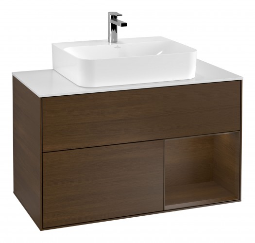 Тумба под раковину Villeroy & Boch Finion 100х50,1 см с подсветкой МДФ шпон грецкого ореха/шпон грецкого ореха/стекло белое матовое G121GNGN