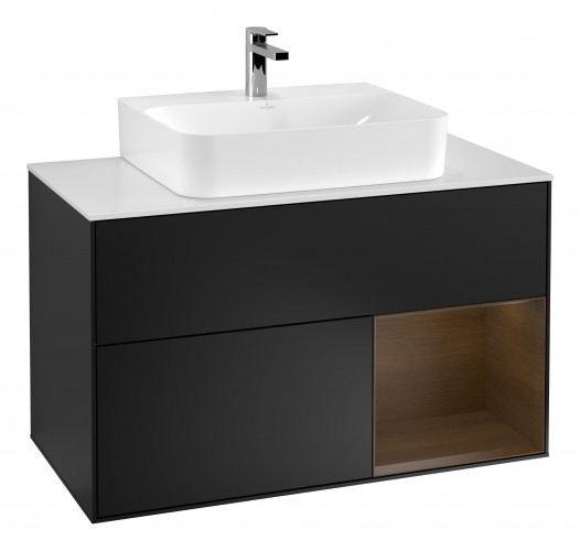 Тумба під раковину Villeroy & Boch Finion 100х50,1 см з підсвічуванням МДФ чоринй матовий лак/шпон волоського горіха/скло біле матове G121GNPD