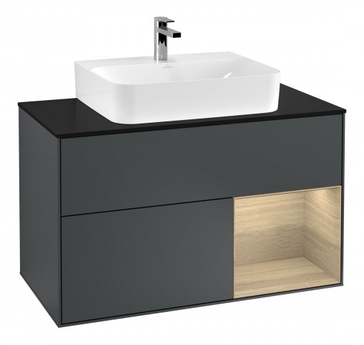 Тумба под раковину Villeroy & Boch Finion 100х50,1 см с подсветкой МДФ темно-синий матовый лак/шпон дуба/стекло черное матовое F122PCHG
