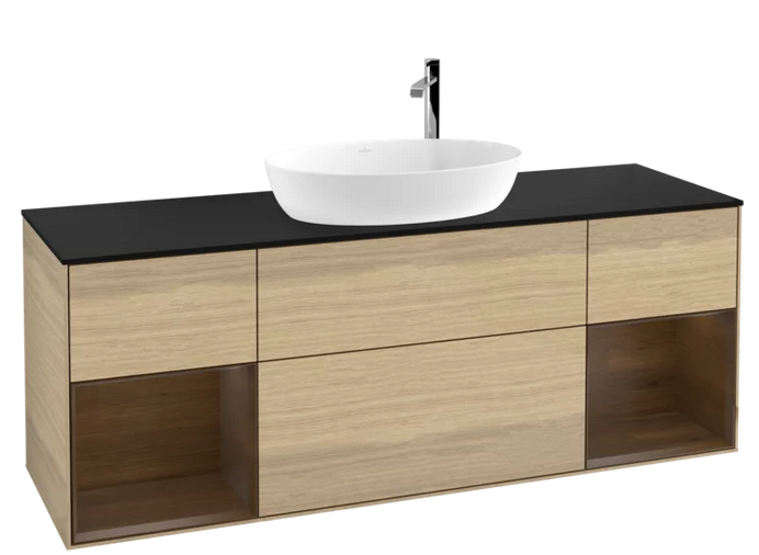 Тумба под раковину Villeroy & Boch Finion 160х50,1 см с подсветкой МДФ шпон дуба/стекло черное матовое F982GNPC