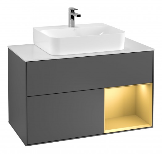 Тумба под раковину Villeroy & Boch Finion 100х50,1 см с подсветкой МДФ антрацитовый матовый лак/золотисто-матовый лак/стекло белое матовое G121HFGK