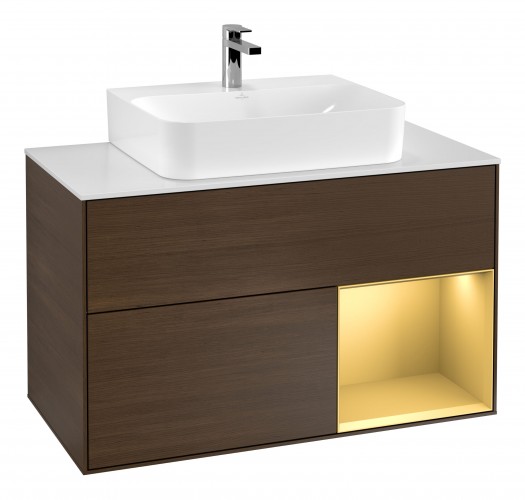 Тумба под раковину Villeroy & Boch Finion 100х50,1 см с подсветкой МДФ шпон грецкого ореха/золотисто-матовый лак/стекло белое матовое G121HFGN