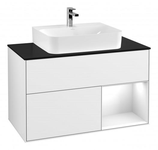 Тумба під раковину Villeroy & Boch Finion 100х50,1 см з підсвічуванням МДФ білий глянсовий лак/білий глянсовий лак/скло чорне матове G122GFGF