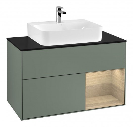 Тумба под раковину Villeroy & Boch Finion 100х50,1 см с подсветкой МДФ оливковый матовый лак/шпон дубовый/стекло черное матовое F122PCGM